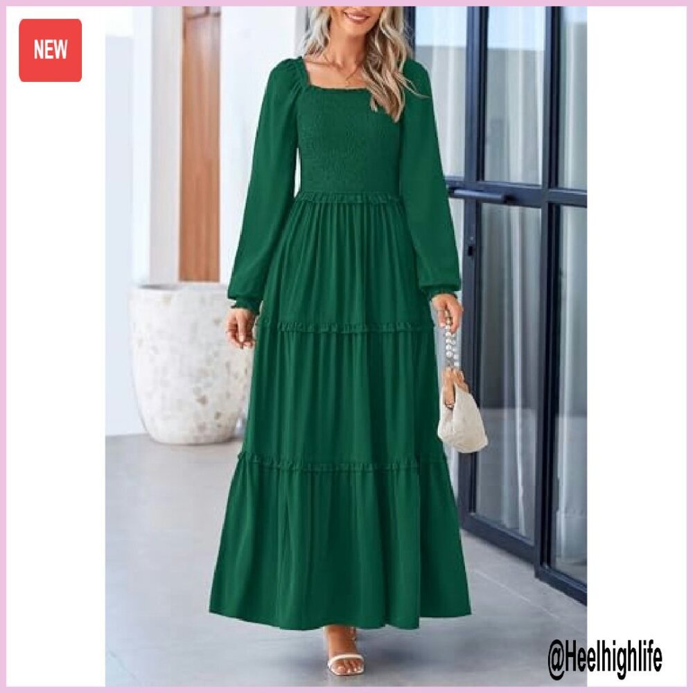 Long Sleeve Square Neck Tiered A-Line Maxi Dress, Smocked Waist, Flowy - Picture 4 of 8